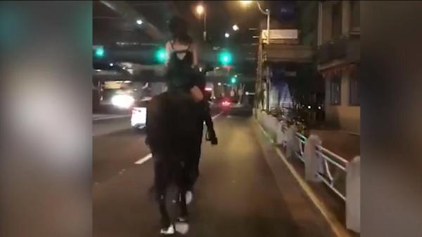 深夜，吊带衫女子骑马穿行上海市中心