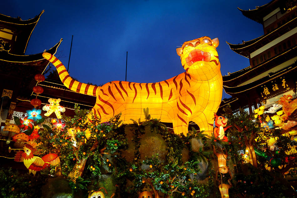 04-VCG114046421012010年2月11日，上海2010年豫园新春民俗艺术灯会当晚全面试灯。中心广场上的9.5米高的“金虎闹春”成为灯会的一大亮点。