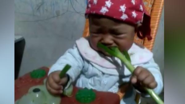 8个月宝宝吃大葱成表情包：我是山东汉子