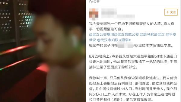 武汉大学生公交站台猥亵女子，拘留15日