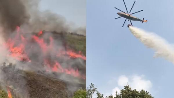 村民烧纸引发森林火灾，直升机出动灭火