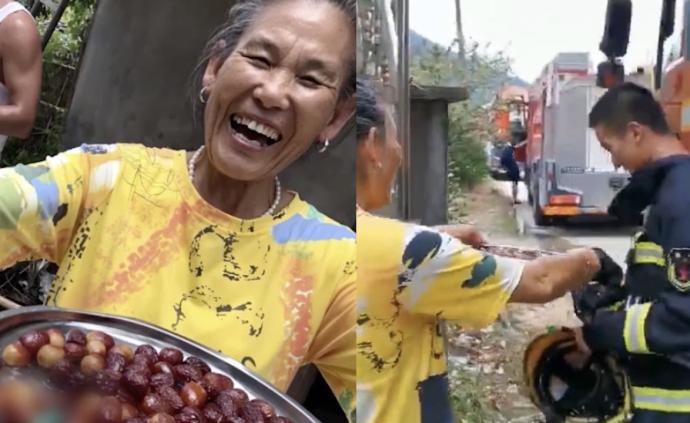 消防员灭火湿透衣裳，大妈心疼热情送枣