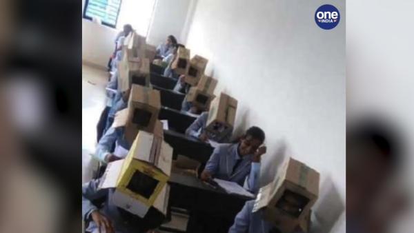 印度高校防作弊，学生头戴纸箱考试