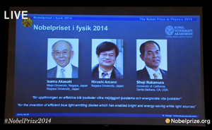 发明高亮度蓝色发光二极管，三位日本学者分享诺奖