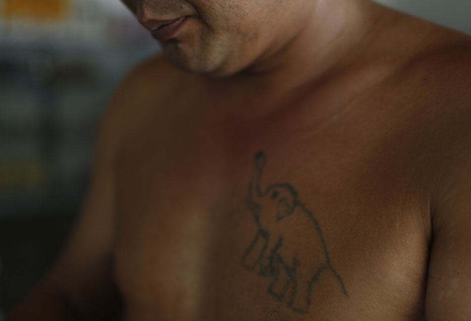 42岁的顾金良是勐腊县瑶区乡的哈尼族，从小跟亚洲象接触较多，他希望自己像亚洲象一样高大强壮，所以他在胸前纹了象的图案，几十年过去了，他慢慢老去，但是他胸前的象纹身还和小时候一样