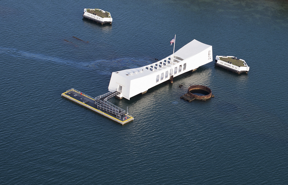Aerial view of the USS Arizona Memorial at Ford Island, Joint Base Pearl Harbor-Hickam in Honolulu, Hawaii, taken on July 1, 2016. 东方IC20160706_59880