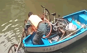 广州天河：一个月打捞七百多辆共享单车
