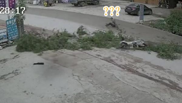 监拍：路边树突然倒下，摩托男翻滚在地