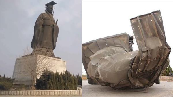 6吨重“世界第一”秦始皇铜像被风吹倒